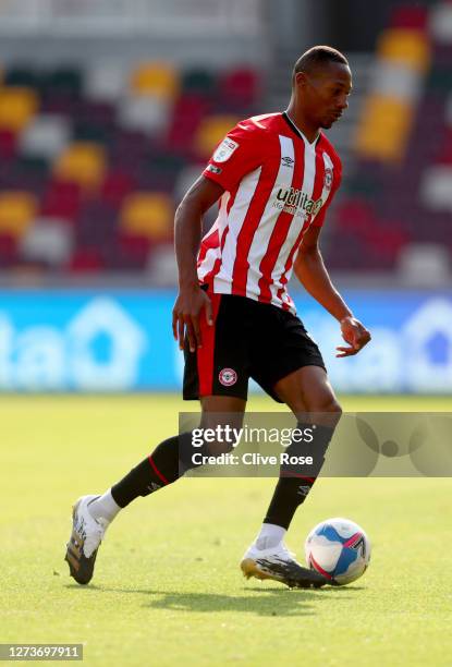 Ethan Pinnock of Brentford in action during the Sky Bet Championship match between Brentford and Huddersfield Town at Brentford Community Stadium on...