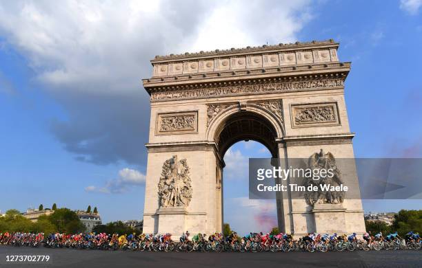 Tadej Pogacar of Slovenia and UAE Team Emirates Yellow Leader Jersey / Arc De Triomphe / Paris City / Landscape / Peloton / during the 107th Tour de...