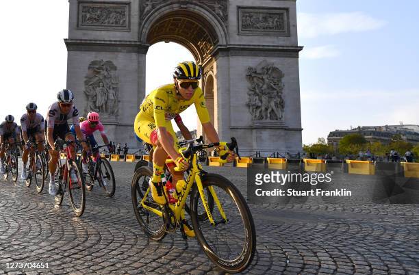 Tadej Pogacar of Slovenia and UAE Team Emirates Yellow Leader Jersey / Arc De Triomphe / Paris City / Landscape / Peloton / during the 107th Tour de...