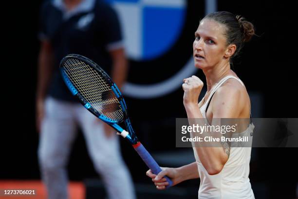 Karolina Pliskova of The Czech Republic celebrates match point in her semi-final match against Marketa Vondrousova of The Czech Republic during day...