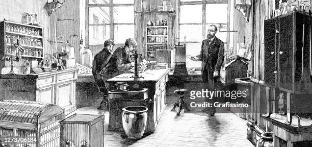 robert koch in his microbiologist laboratory 1891 - robert koch stock illustrations