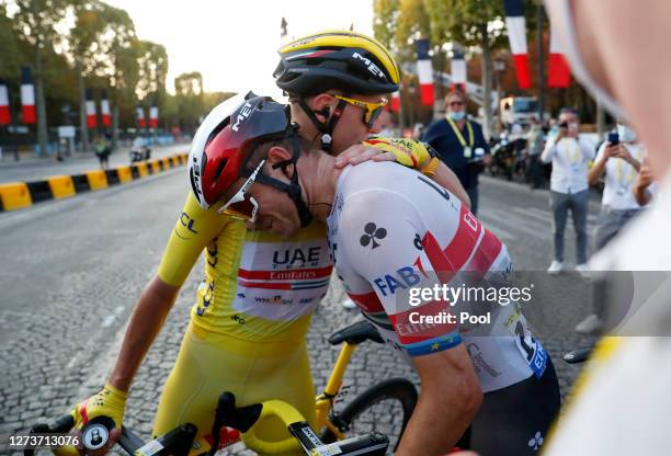 Arrival / Tadej Pogacar of Slovenia and UAE Team Emirates Yellow Leader Jersey / Alexander Kristoff of Norway and UAE Team Emirates / Celebration /...