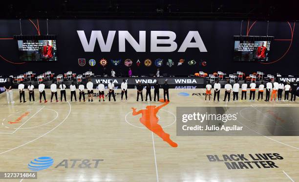 The Las Vegas Aces and the Connecticut Sun take a moment of silence in memory of Ruth Bader Ginsburg before Game One of their Third Round playoff at...