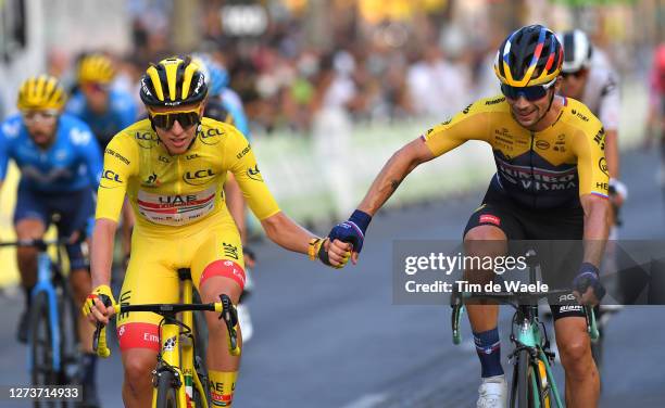 Arrival / Tadej Pogacar of Slovenia and UAE Team Emirates Yellow Leader Jersey / Primoz Roglic of Slovenia and Team Jumbo - Visma / during the 107th...