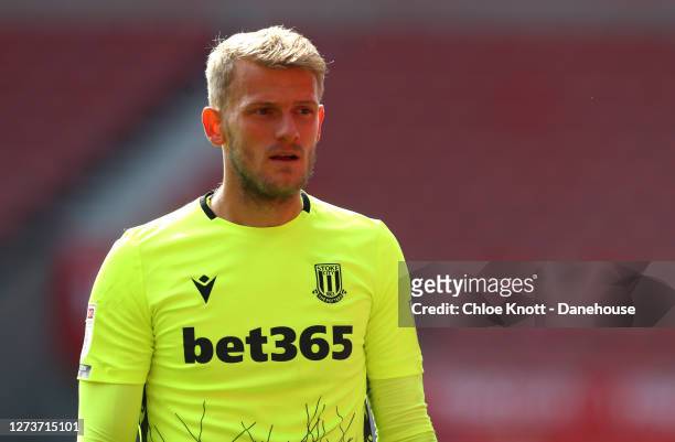 Adam Davies of Stoke City during the Sky Bet Championship match between Stoke City and Bristol City at Bet365 Stadium on September 20, 2020 in Stoke...