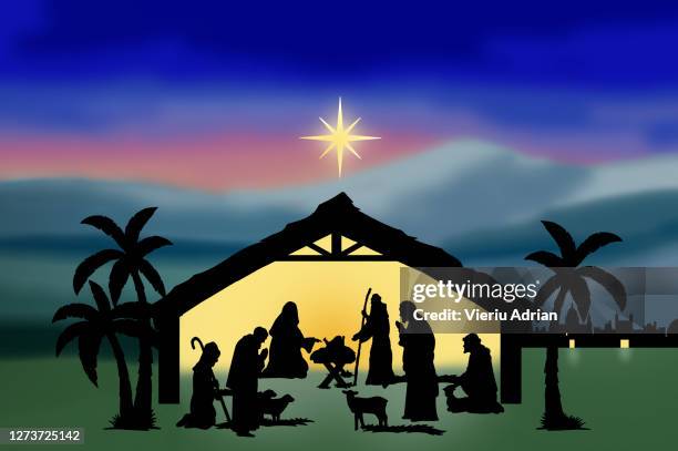 nativity silhouette - nativity scene silhouette stock pictures, royalty-free photos & images