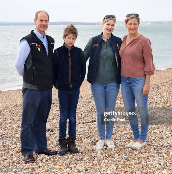 Prince Edward, Earl of Wessex, James, Viscount Severn, Lady Louise Windsor and Sophie, Countess of Wessex pose for photographs as they take part in...