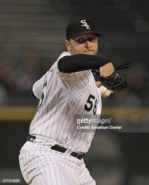 Starting pitcher Mark Buehrle of the Chicago White Sox delivers the ball against the Toronto Blue Jays at U.S. Cellular Field on September 27, 2011...