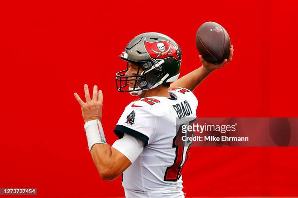 Tom Brady of the Tampa Bay Buccaneers throws a pass during the second half against the Carolina Panthers at Raymond James Stadium on September 20,...