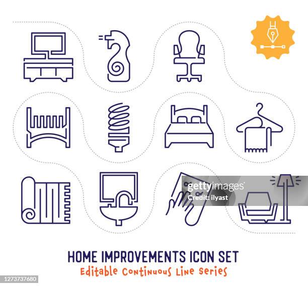home improvements editable continuous line icon pack - bathroom kitchen remodeling stock illustrations