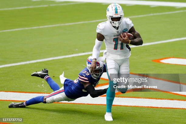 DeVante Parker of the Miami Dolphins catches a touchdown pass against Levi Wallace of the Buffalo Bills during the first half at Hard Rock Stadium on...