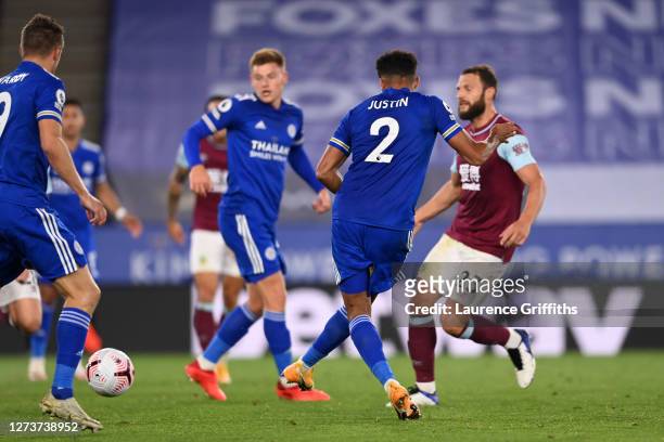 James Justin of Leicester City scores his team's third goal during the Premier League match between Leicester City and Burnley at The King Power...