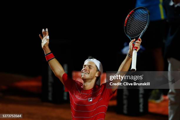 Diego Schwartzman of Argentina celebrates match point in his semi-final match against Denis Shapovalov of Canada during day seven of the...