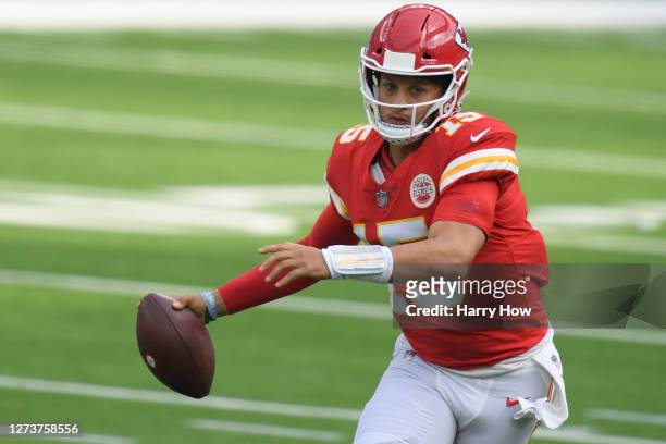 Quarterback Patrick Mahomes of the Kansas City Chiefs looks to pass against the Los Angeles Chargers during the second quarter at SoFi Stadium on...
