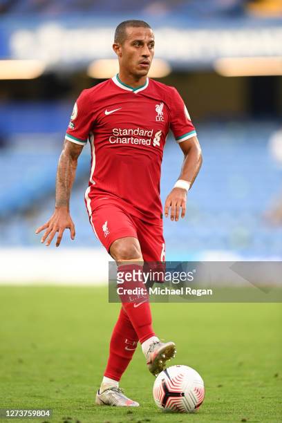 Thiago Alcantara of Liverpool in action during the Premier League match between Chelsea and Liverpool at Stamford Bridge on September 20, 2020 in...