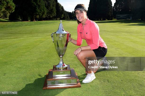 Georgia Hall of England poses with the trophy after winning the Cambia Portland Classic at Columbia Edgewater Country Club on September 20, 2020 in...
