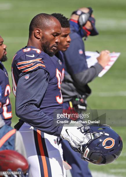 Robert Quinn of the Chicago Bears waits on the sidelines to enter the game against the New York Giants at Soldier Field on September 20, 2020 in...