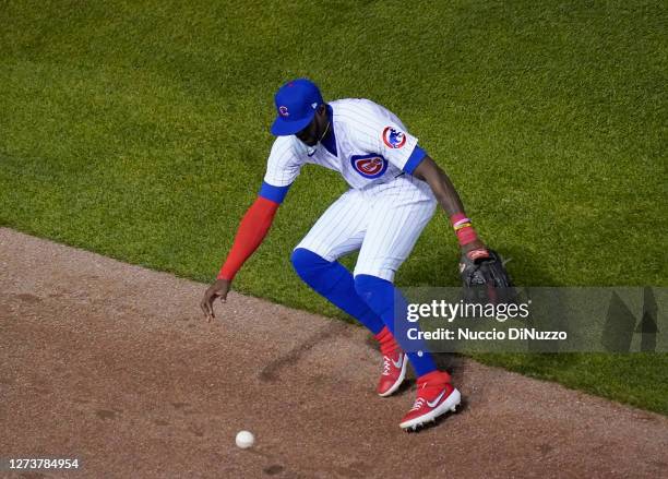 Cameron Maybin of the Chicago Cubs \is unable to catch the double by Jorge Polanco of the Minnesota Twins during the sixth inning of a game at...