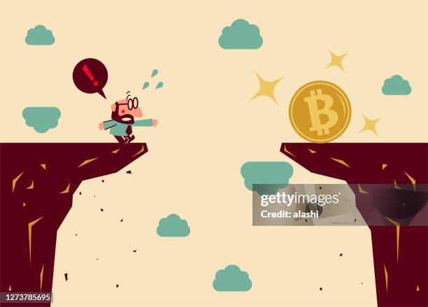 stockillustraties, clipart, cartoons en iconen met mid volwassen zakenman kan niet de klif oversteken om de bitcoin cryptogeld te krijgen zonder een brug, hij heeft hulp nodig - crag