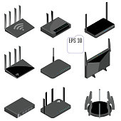 Router isometric icons set.