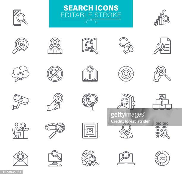 ilustraciones, imágenes clip art, dibujos animados e iconos de stock de buscar iconos trazo editable. el conjunto contiene iconos como searching, seo, magnifying glass, job hunting - job search