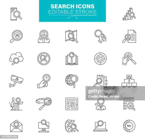 検索アイコン編集可能なストローク。セットは、検索、seo、拡大鏡、就職活動などのアイコンが含まれています - 追う点のイラスト素材／クリップアート素材／マンガ素材／アイコン素材