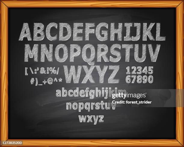 chalk text on blackboard editable stroke - chalk art equipment stock illustrations