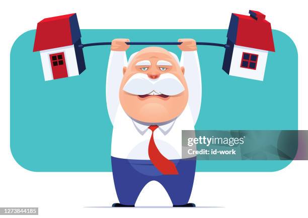 senior businessman lifting barbell house - old people exercise cartoon stock illustrations