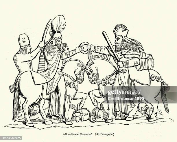 illustrazioni stock, clip art, cartoni animati e icone di tendenza di persepolis. i cavalieri tengono un anello, antica perisa - cultura-persiana