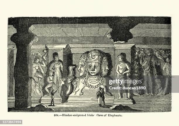 ancient hindu idols in the elephanta caves - elephanta caves stock illustrations