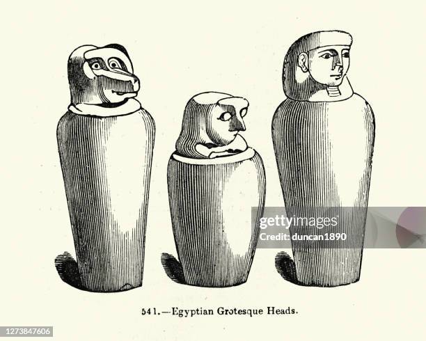 ancient egyptian head shaped jars - cremation stock illustrations
