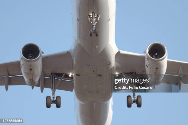 close-up shot of a commercial airplane - landing gear stock-fotos und bilder