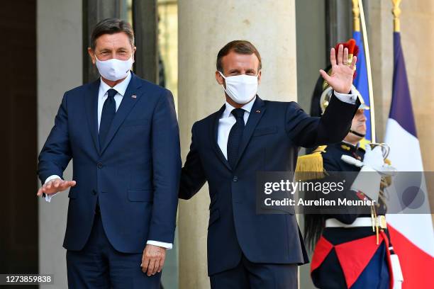French President Emmanuel Macron welcomes President Borut Pahor Of Slovenia for a meeting at Elysee Palace on September 21, 2020 in Paris, France....