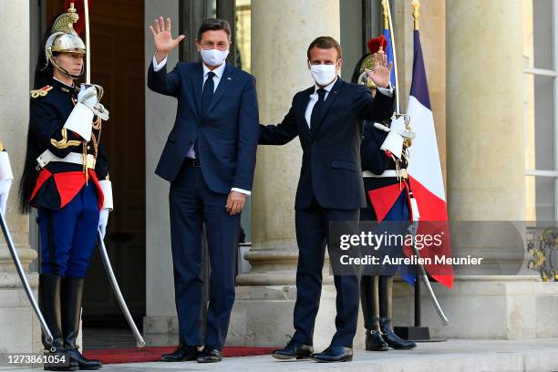 French President Emmanuel Macron welcomes President Borut Pahor Of Slovenia for a meeting at Elysee Palace on September 21, 2020 in Paris, France....