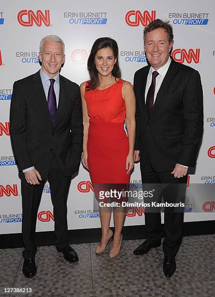 Anderson Cooper, Erin Burnett and Piers Morgan attend the launch party for CNN's "Erin Burnett OutFront" at Robert atop the Museum of Arts and Design...