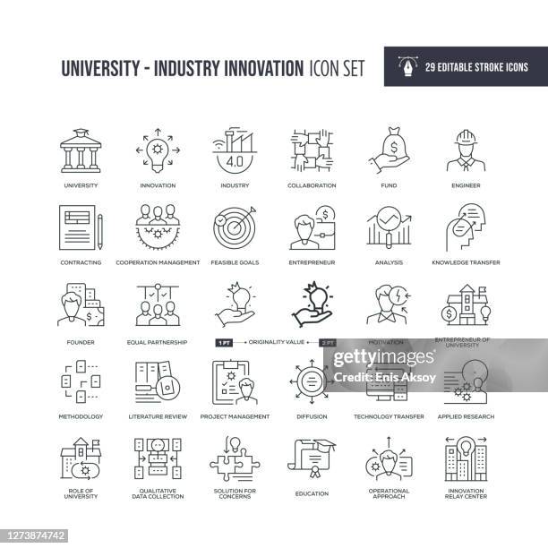 ilustraciones, imágenes clip art, dibujos animados e iconos de stock de iconos editables de la línea de trazos de la innovación de la industria universitaria - fundador