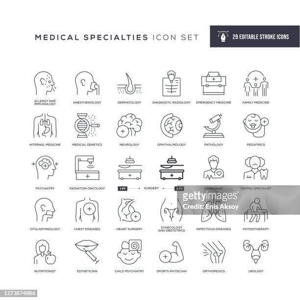 illustrazioni stock, clip art, cartoni animati e icone di tendenza di specialità mediche e organi icone dei tratti modificabili - visita medica