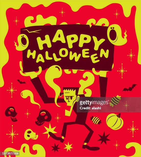 ilustraciones, imágenes clip art, dibujos animados e iconos de stock de frankenstein está mostrando una tabla para guiarte a la espeluznante fiesta de halloween - halloween party