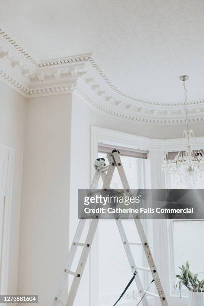 ceiling and step ladder in a bright, airy white room in a period style home - painted ceiling stock pictures, royalty-free photos & images