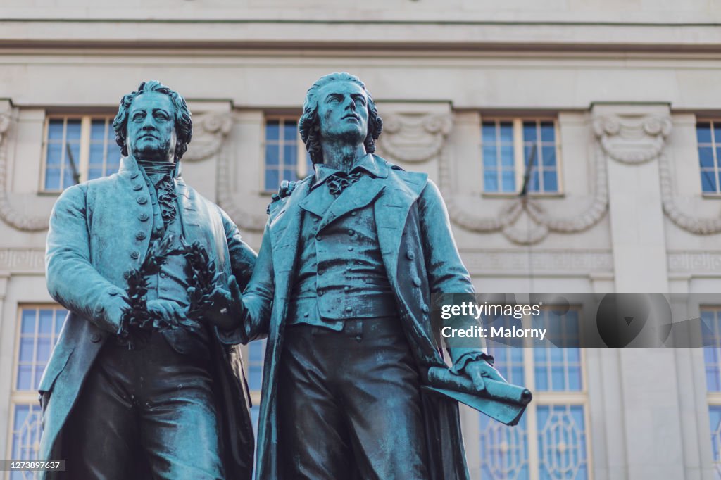Close-up of Goethe and Schiller statue in Weimar, Germany.