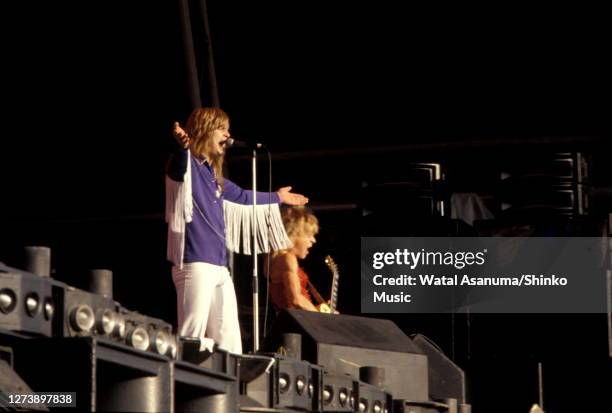 Ozzy Osbourne and Randy Rhoads perform on stage at Heavy Metal Holocaust, Port Vale Football Stadium, Stoke-on-Trent, United Kingdom, 1st August 1981.