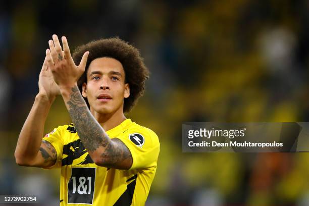 Axel Witsel of Borussia Dortmund celebrates with the fans after victory in the Bundesliga match between Borussia Dortmund and Borussia...