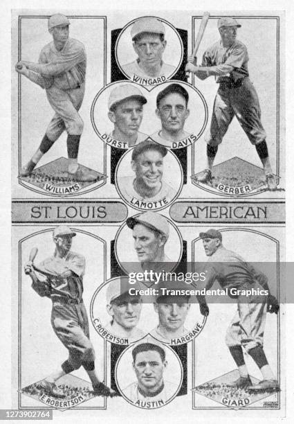 Collage features players from the St Louis Browns baseball team, 1927.