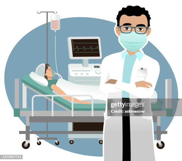 ilustraciones, imágenes clip art, dibujos animados e iconos de stock de médico en un hospital - reanimación cardiopulmonar