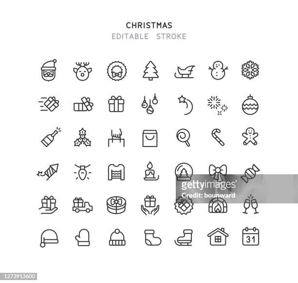 stockillustraties, clipart, cartoons en iconen met 42 kerstlijn pictogrammen bewerkbare lijn - christmas hat