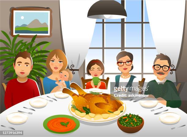 ilustraciones, imágenes clip art, dibujos animados e iconos de stock de familia teniendo una cena del día de acción de gracias - familia comiendo