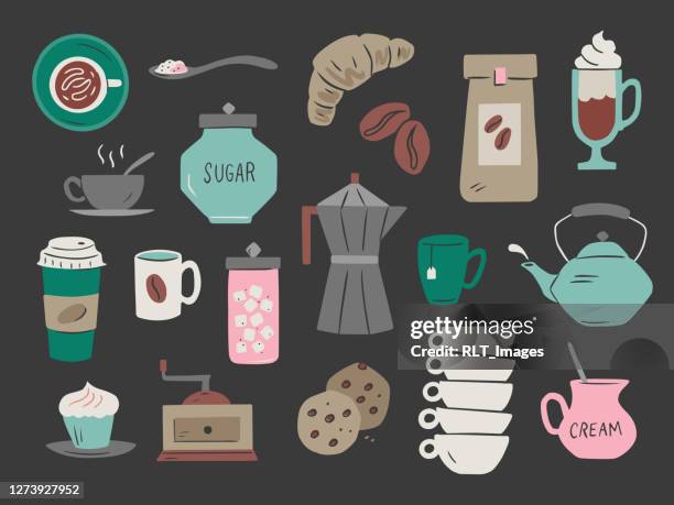 illustration of coffee shop products and equipment — hand-drawn vector elements - whipped cream vector stock illustrations