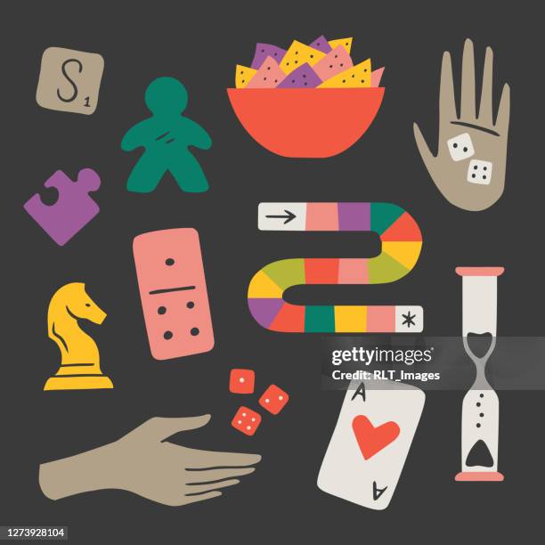 illustration von lustigen spielnachtkomponenten — handgezeichnete vektorelemente - leisure games stock-grafiken, -clipart, -cartoons und -symbole