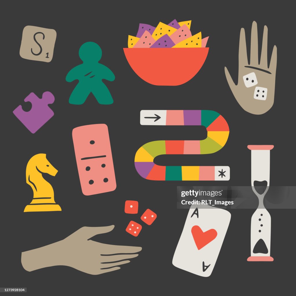 Illustration of fun game night components — hand-drawn vector elements