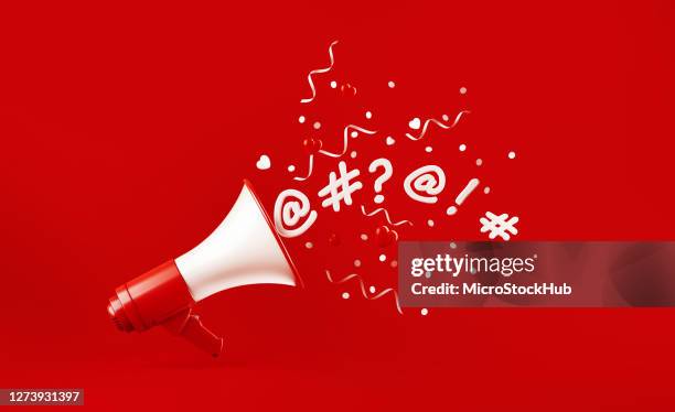 various social media symbols coming out of  a megaphone with paper confetti and party streamers falling on red background - megaphone icon stock pictures, royalty-free photos & images